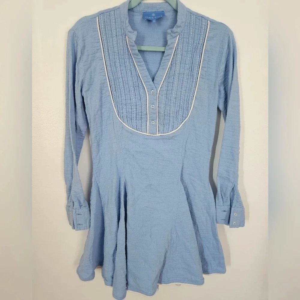 Alice Walk pintuck cotton‎ gauze ruffle mini dress blue white long sleeve small